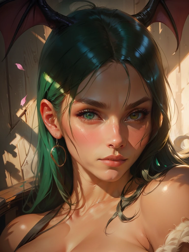 Half Body Realistic oil paint of Morrigan Aensland, detailed skin Textures, intricate, detailed face, hyperrealistic, realistic light and shadows , cinematic lighting.