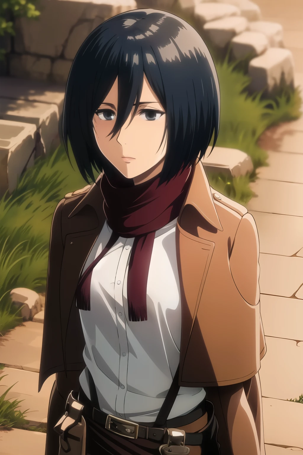 better quality, Manga, 4k, Mikasa, jeune femme calme et forte, tant mentalement que physiquement. peau claire couleur neige, cheveux noirs lui arrivant au menton, et son calme apparent contrastent avec sa forte nature. [2] In the past, her hair was long and voluminous, She is 1 meter 70 tall., elle possède un regard calme et indifférent. Mikasa is of Asian descent through her mother, elle possède donc des cheveux noirs et brillants et des yeux de même couleur communs à ce clan.Elle est également issue du clan Ackerman par son père mais n'a pas de trait physique de celui-ci, apart from the shape of his eyes.

En tant que soldat, Mikasa porte généralement l'uniforme standard composé d'une veste en cuir brun clair avec l'insigne du Bataillon d'exploration (on both shoulders, left front pocket and center back pocket), une chemise de couleur blanche, a dark brown belt around her waist covering her hips, white pants and dark brown leather boots from the knee to the feet.

Elle porte certaines fois une cape verte avec le symbole du Bataillon d'exploration au dos, souvent utilisée pendant les explorations extra-muros.[2]

Mikasa possède une écharpe de couleur rouge foncé, qui lui a été donnée par Eren après qu'il l'ait sauvée de trafiquants d'êtres humains. En raison de cela, she is very precious to her. She is almost never seen without this scarf.[17]