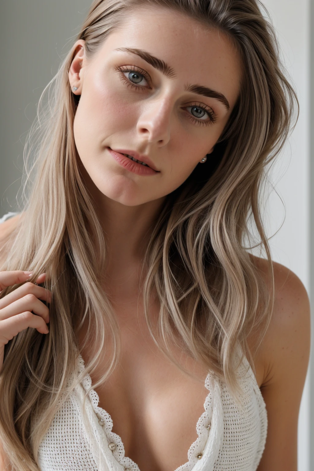 1 personne, (Realistic:1), cheveux bruns, cheveux longs, iris, heureux, chemisier, jupe, Summer, grosse poitrine naturelle, 95 E, pierced nipple