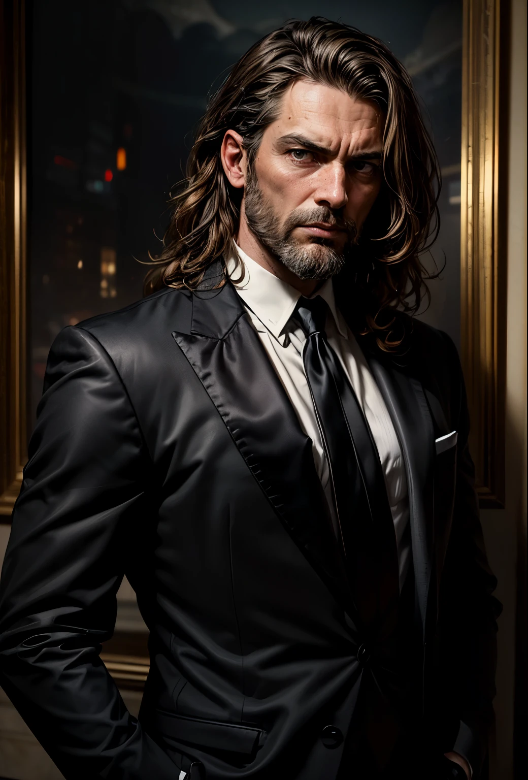 (((loosing black tie))), (masterpiece, best quality:1.4), portrait Solo, 30 years man, beard, european, brown eyes, serious eyes, black suit, brown medium hair, shoulder-length hair,wavy hair, sharp eyes,