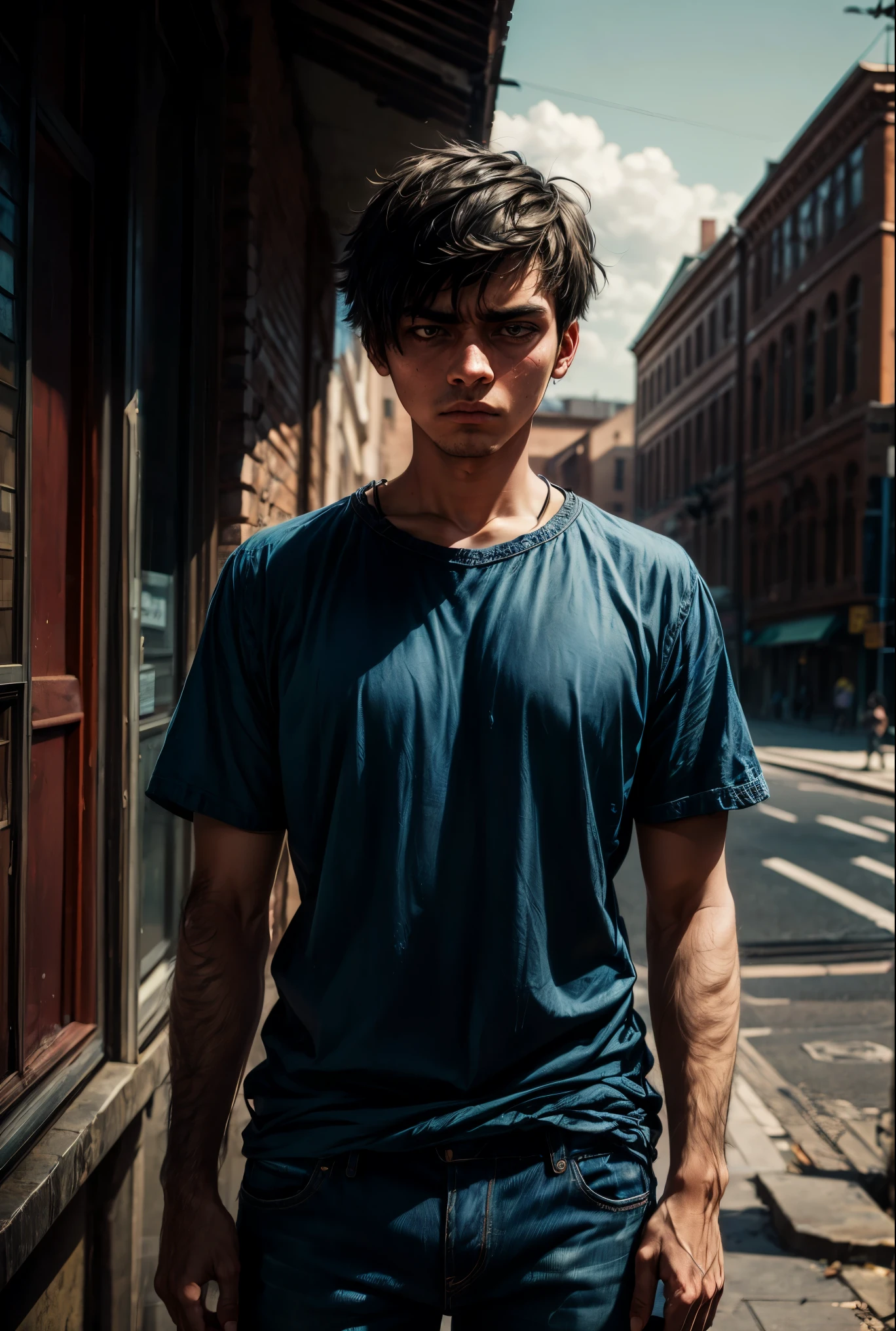 portrait, 22 years depressive guy, casual clothes, blue shirt, jeans, sadness, bored, emo,, scrawny, meager, scraggy, dry, alone, light, day, university campus