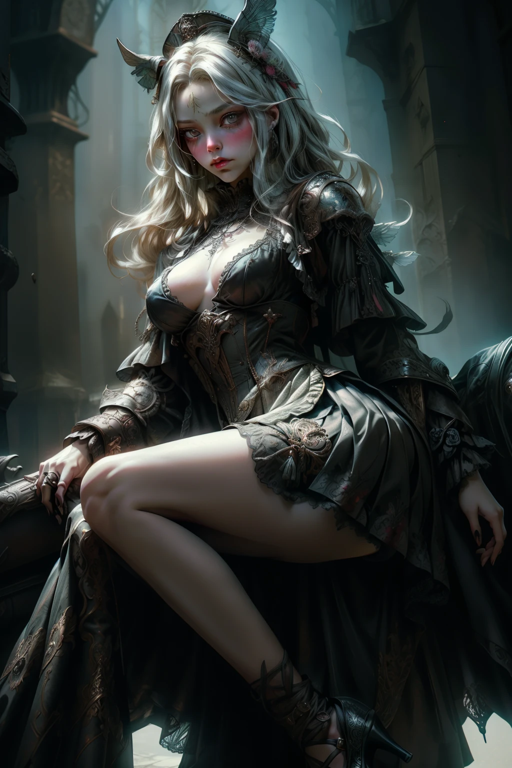 ((best quality)), ((masterpiece)), (detailed), plain background, white background, Bloodborne inspired,  occult aesthetic, occult, detailed and intricate steampunk and detailed gothic, NSFW, Very dramatic and cinematic lighting, cosmic horror, grim-dark, side-lighting, perfect face, a beaituful goddess valkyrie adorned and enshrined in armour, Bloodborne inspired valkyrie, occult aesthetic valkyrie, occult valkyrie, detailed and intricate steampunk and detailed gothic valkyrie, Fluttering lace flared long knee length dress with frilly petticoats, long dress, knee length dress, pleated petticoats, lolita dress, petticoats gothic lolita, side-lighting, gothic lolita aesthetic, beautiful small breasts, full body, whole body, body