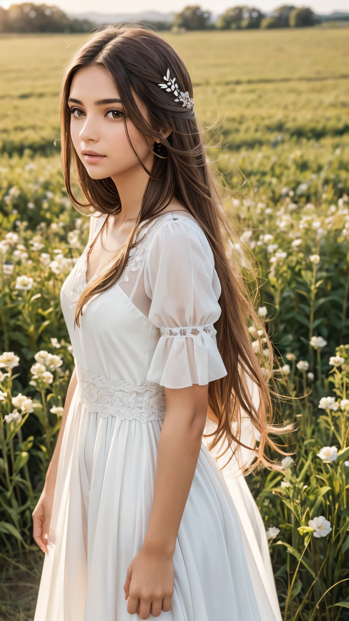 Female angel type latin girl with brown eyes and long hair wearing elegant white dress in the field close up face photo shoot