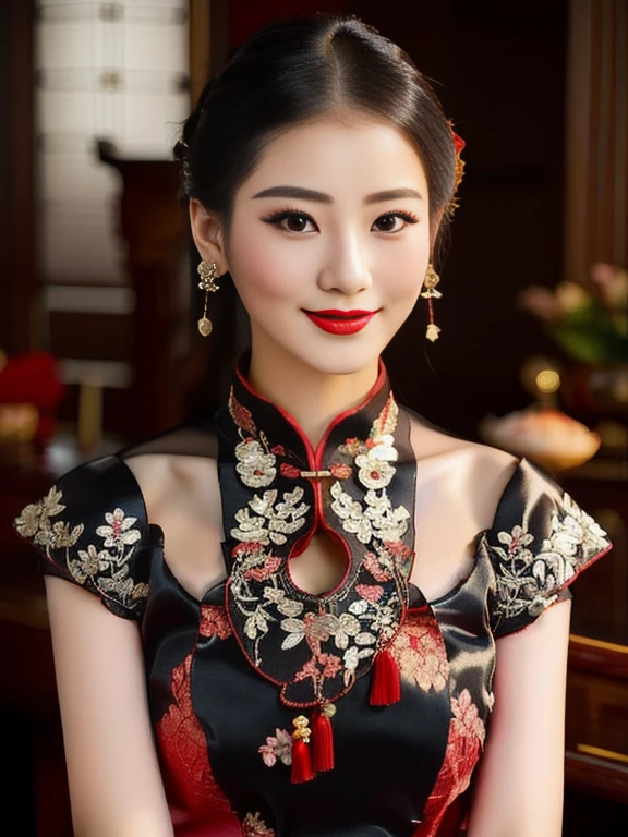 Close-up of a woman wearing a black and red translucent mesh dress., very large breasts, Chinese style, Chinese dress, Cheongsam, traditional chinese, Chinese dress, traditional chinese clothing, with ancient Chinese clothes, Chinese girl, Chinese woman, black and red silk clothes, Chinese princess, with ancient Chinese aesthetics, wearing a red Cheongsam, traditional outfit, traditional clothing, Empress of China