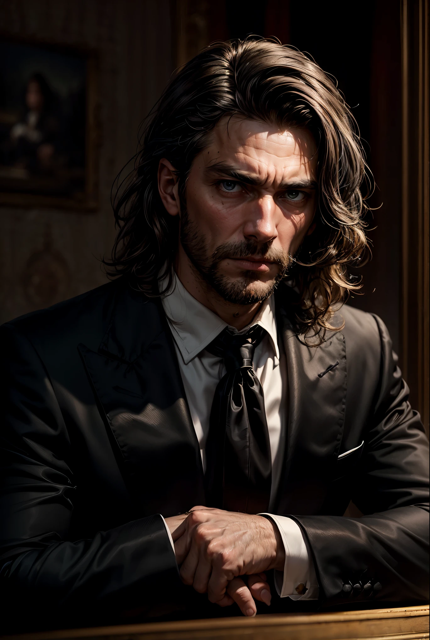 (((loosing black tie))), (masterpiece, best quality:1.4), portrait Solo, 30 years man, beard, european, brown eyes, serious eyes, black suit, brown medium hair, shoulder-length hair,wavy hair, sharp eyes,