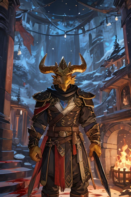 I want a golden dragonborn with backwards horns, blood hunter, com as roupas ensanguentadas e um sorriso macabro.