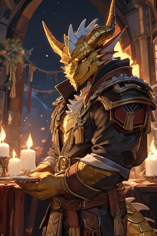 I want a golden dragonborn with backwards horns, blood hunter, com as roupas ensanguentadas e um sorriso macabro.