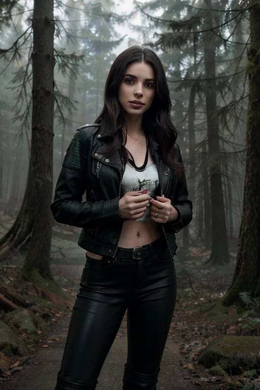 Stunning young woman, (italian:0.3, Celtic:0.3, Romanian:0.4), beautiful girl, 25 years old, survivalist, warrior, in the woods by a lake, rocks, mountains, denim, jeans | leather pants, t-shirt | tank top, jacket, hiking boots, perfect body, futuristic, post apocalyptic, The 100, seductive grin, smokey eye shadow, seductive eyes, smokey makeup, wild dark hair, ((masterpiece)), ((best quality)), (((photo Realistic))), extremely detailed cg 8k wallpaper, bright colors, Dramatic light, dynamic angle, stunning, windy, high detail hair,(highly detailed eyes), (highly detailed facial features), lifelike texture, slender body, toned body, perfect face, slim athletic body, (perky small breasts:0. 75), (cold attitude, eyeshadow, eyeliner:1. 6), retro fantasy, hyper-realistic, amazing fine detail, rich colors, realistic texture, vignette, moody, dark, epic, gorgeous, film grain, grainy, beautiful lighting, rim lighting, magical, shallow depth of field, photography, neo noir, volumetric lighting, Ultra HD, raytracing, studio quality