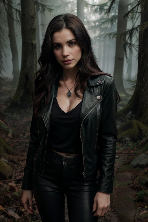 Meghan Ory, Laura Hale, Teen Wolf, 25 years old, long, messy light black hair, green eyes, open black leather jacket, red blouse with a black wolf print, dark black jeans, black boots, wolf pendant, white wolf print. Forest background with fog aura around black color.