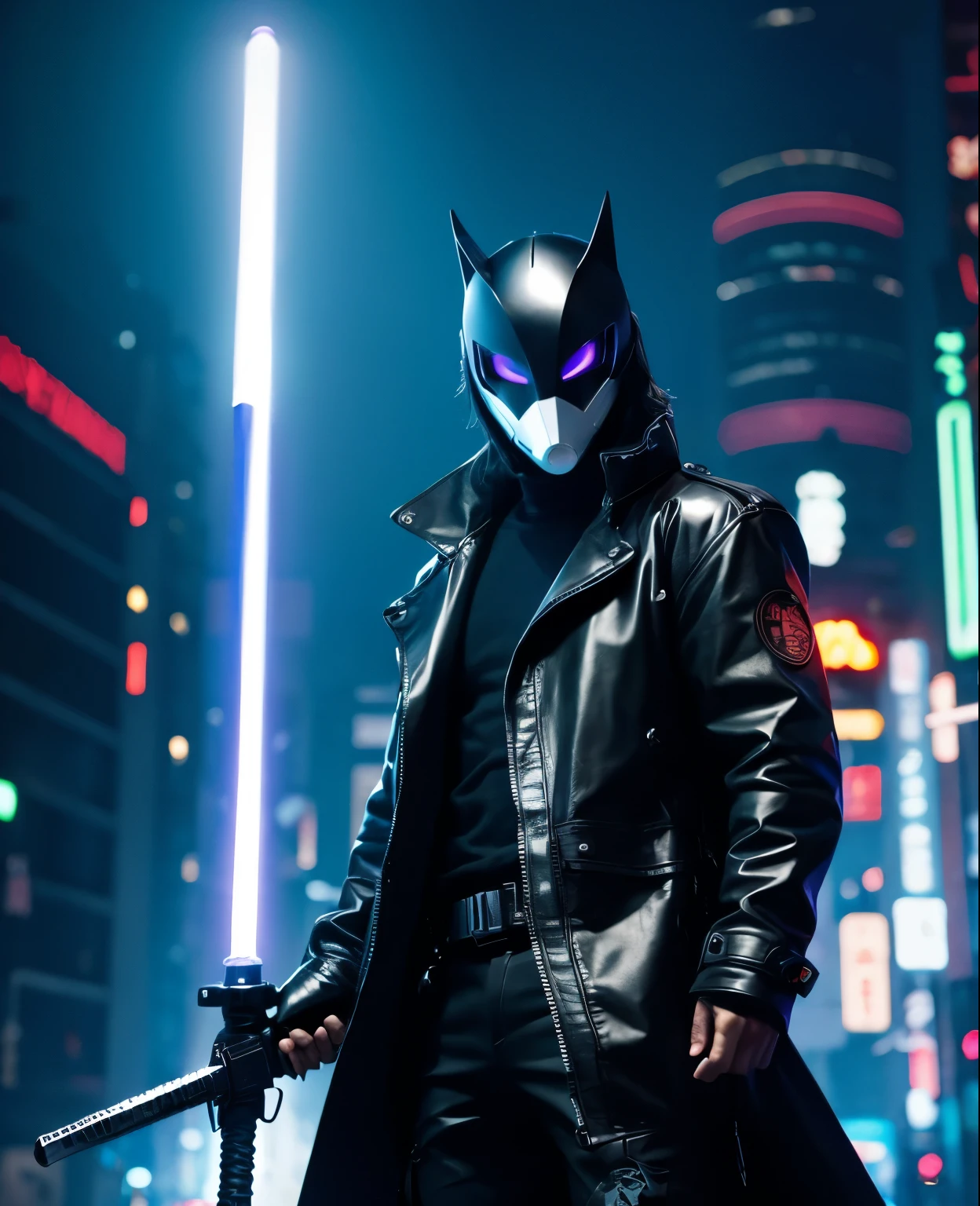 Cyber Mask Neo Tokyo Glowing Sword Black Coat