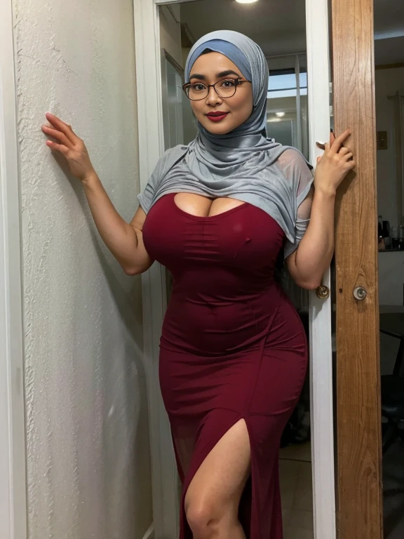 (double exposure), (full body photo), A gorgeous matured teacher stand behind white board,((50 year old)), ((malay women)), slightly curvy fit body shape, bigger ass, giga_busty, huge thighs, wearing ((fitted sheer long dress)), ((hijab)), smirk on camera, indoor,door,islamic style,arabic calyraphy,wall,,  pov, solo, single,  (SFW), texture, ultra high res, RAW, instagram LUT, masterpiece, best quality, ultra-detailed, ultra high resolution, RAW, 4k, (looking at viewer), extremely detailed eyes and face, (beautiful detailed nose), (beautiful detailed thigh), (beautiful detailed eyes), perfect body proportion, (looking at the camera),smirk, red lips, (she wear glasses)