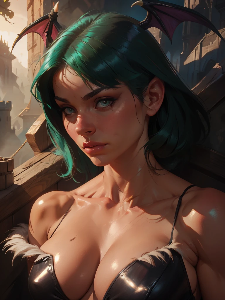 Realistic oil paint of Morrigan Aensland, hot Body, Dynamic sensual pose, detailed skin Textures, intricate, detailed face, hyperrealistic, realistic light and shadows , cinematic lighting. Dark castle background.