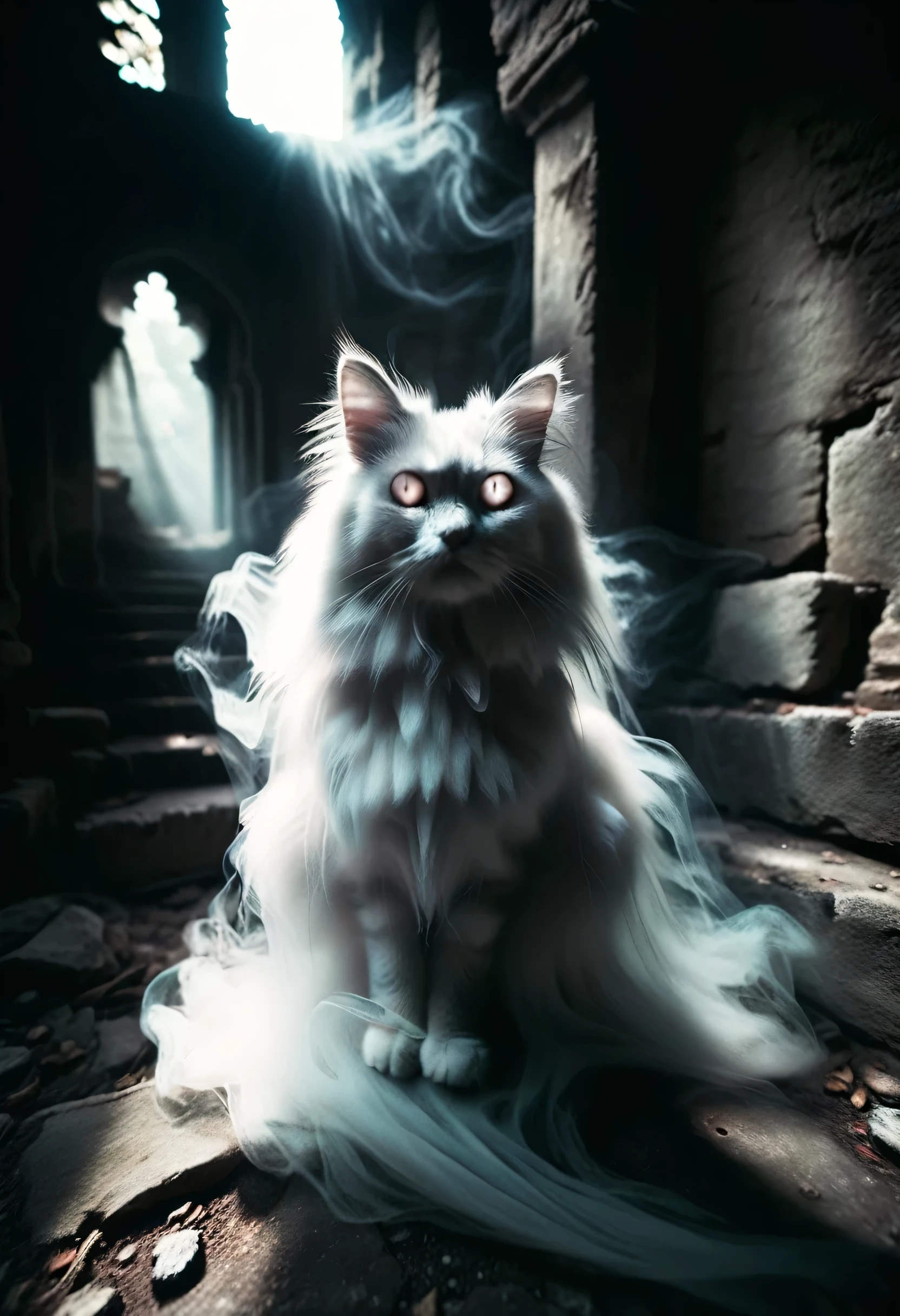 Analog film photos. Ghost style, A ghost cat sits on Analog film photos. Ghost style, A ghost cat sits downstairs in the ruins,hard light, Hard Shadows, Faded film, Desaturation, 35mm Photo, Granular, vignette, High quality, Kodachrome, Rama Photography, dyeing, Very detailed, Found the lens