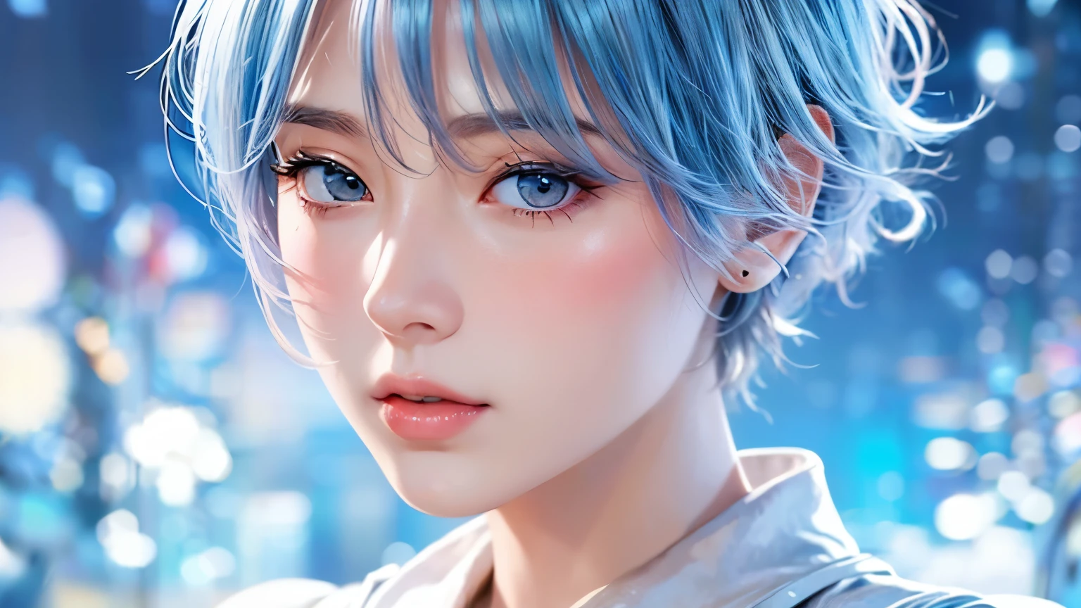 high quality,1 girl,short hair, Super detailed CG illustration of a young woman with a calm expression, Stare into the distance,His striking light blue hair blew gently in the desert breeze. The landscape behind him is vast and stunning, Taking viewers into a world of wonder and discovery.More ideas