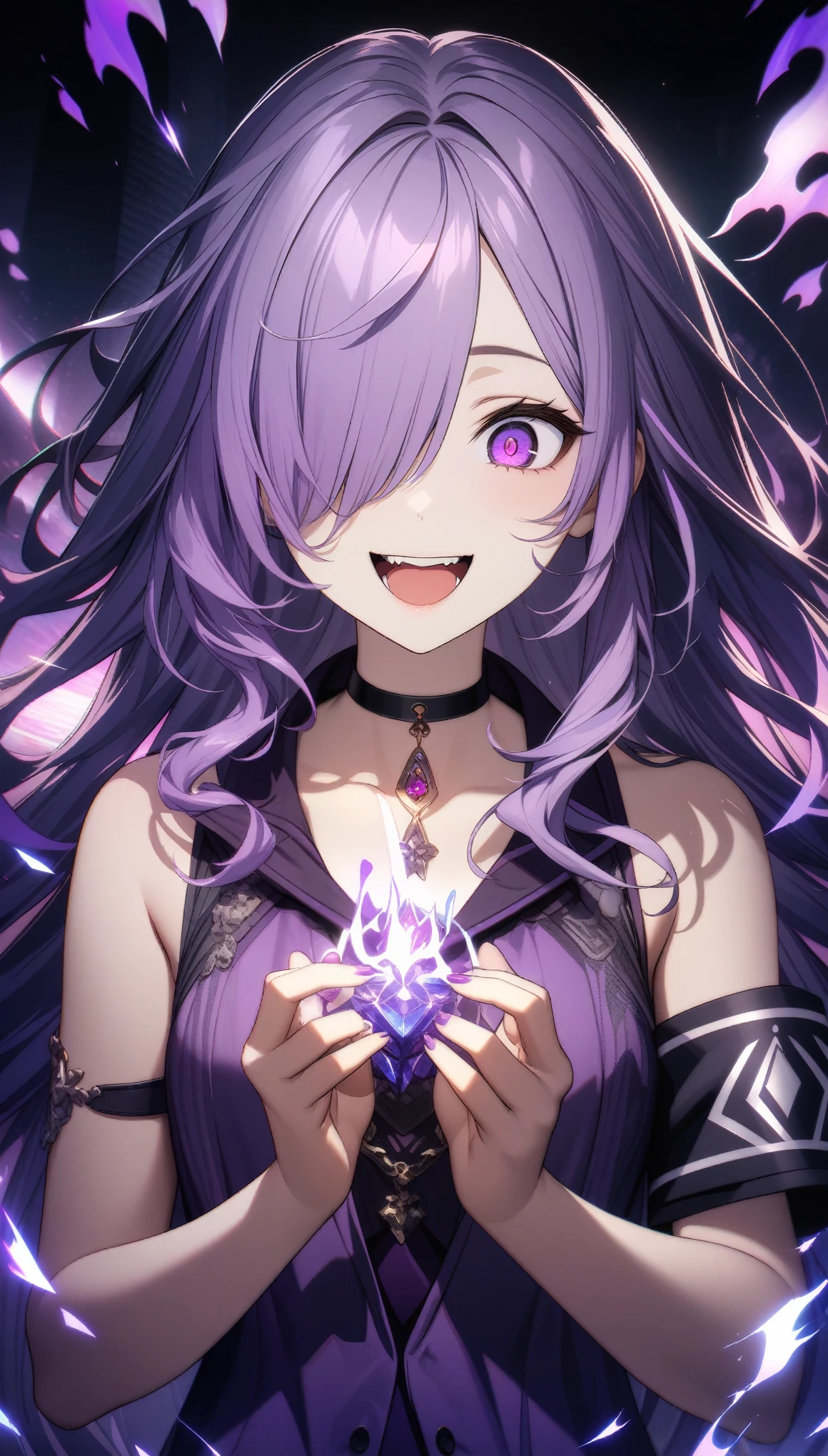 32k, best quality, ultra high res, HDR, UHD, extremely detailed CG, unity 32k wallpaper, highest quality, Intricate details, chromatic aberration, One girl, Long Hair, Purple Hair, Messy Hair, Purple highlights, Hair on one eye, Purple eyes, Sharp eyes, choker, Armband, Laugh eerily, Purple flames in hands, Purple outfit,