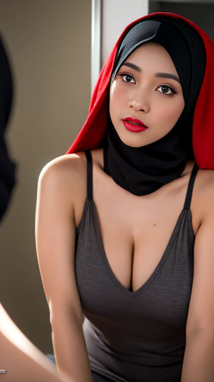 ((Best quality, 8k, Masterpiece :1.3)), Sharp focus :1.2,  (Indonesian model with red hijab),    ((big breasts)),  Highly detailed face and skin texture,  Fine eyes,  Double eyelids,  Make-up face. lipstick.  (((hijabi))).

((Pantyhose)),  ((tank top shirt)).   Stand.   in front of the make-up mirror