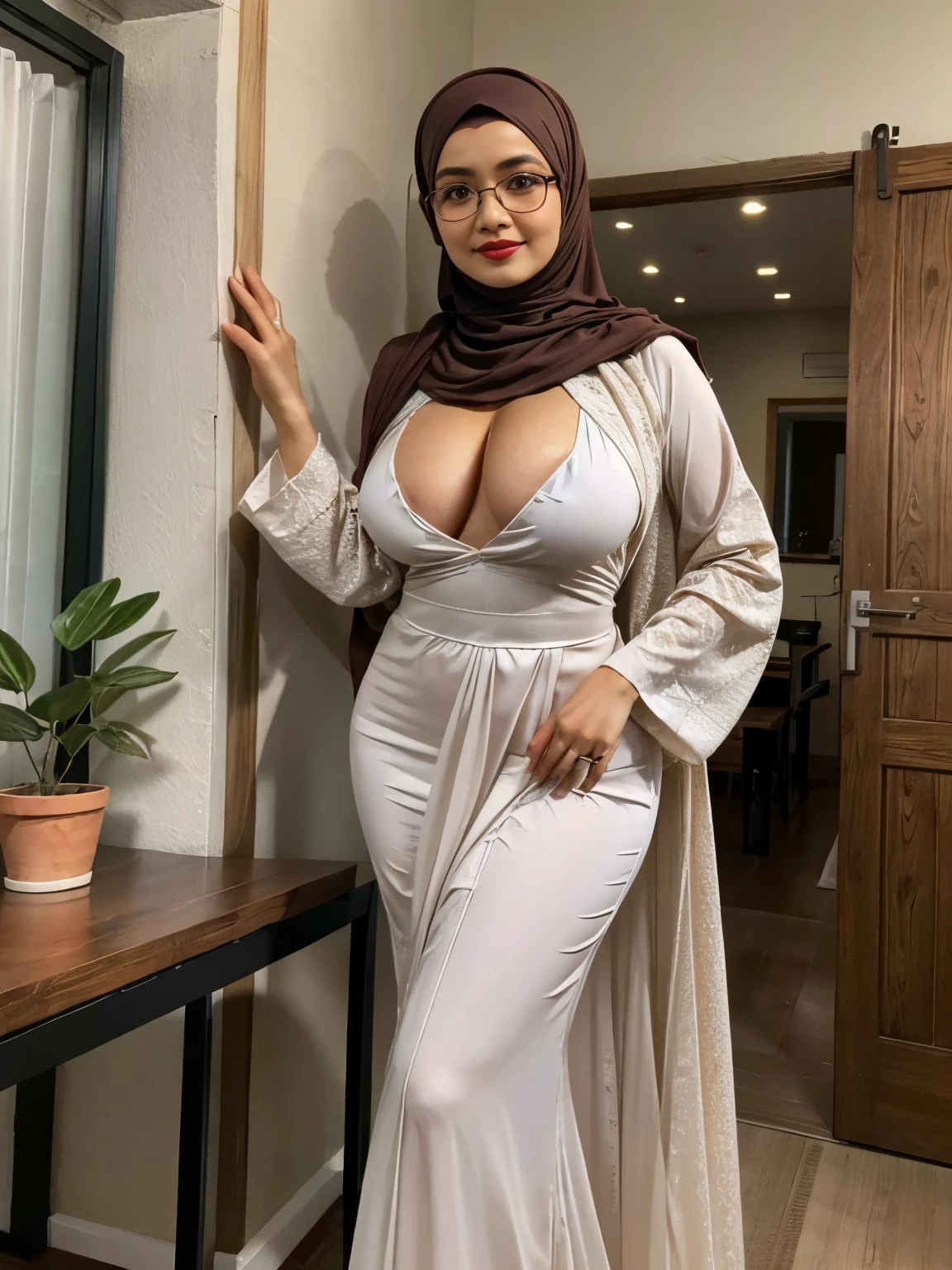 (double exposure), (full body photo), A gorgeous matured teacher stand behind white board,((50 year old)), ((malay women)), slightly curvy fit body shape, bigger ass, giga_busty, huge thighs, wearing ((fitted see through transparent abaya muslim long dress)), ((hijab)), smirk on camera, indoor,door,islamic style,arabic calyraphy,wall,, pov, solo, single, (SFW), texture, ultra high res, RAW, instagram LUT, masterpiece, best quality, ultra-detailed, ultra high resolution, RAW, 4k, (looking at viewer), extremely detailed eyes and face, (beautiful detailed nose), (beautiful detailed thigh), (beautiful detailed eyes), perfect body proportion, (looking at the camera),smirk, red lips, (she wear glasses)