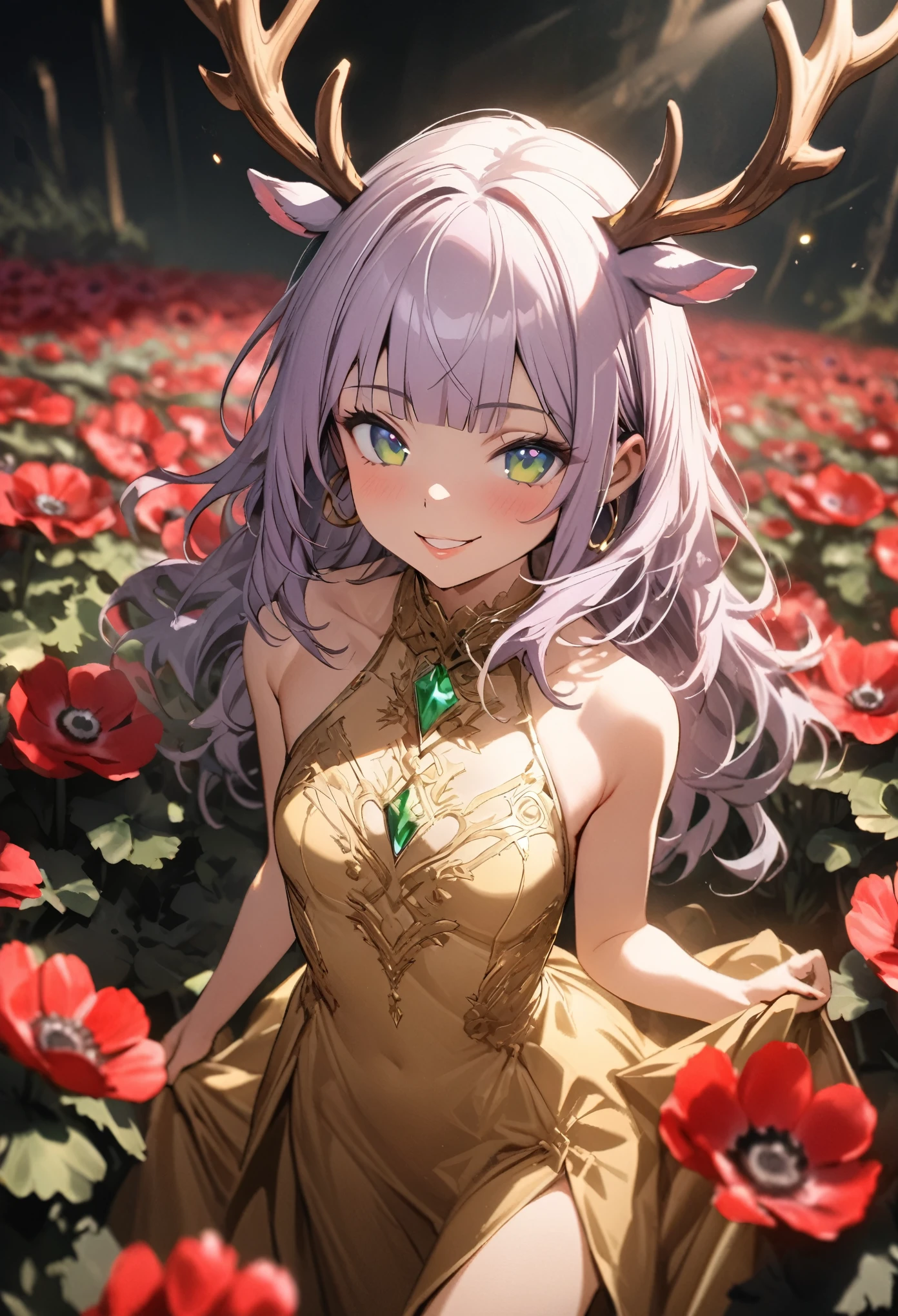 ((Masterpiece)), ((best quality)), (super detail:1.2), (High Definition:1.3), (Professional Photography:1.2), (wide shot), (sharp focus), (perfect light), ((12 years old)), Textured skin, cinematic lighting, cute teenage , ((small breast)), (Healthy slim body), (Gold embroidery Noble dress), (walking), (hoop dress), pale purple hair, messy medium hair, (loose blunt bangs), ((glossy lips)), pale thighs, (put on elk antlers), (Hooray!), ((Naughty smile)), 1girl, solo, ((beautiful emerald colored eyes)), perfect anatomy, ((in anemone flowers fields)),