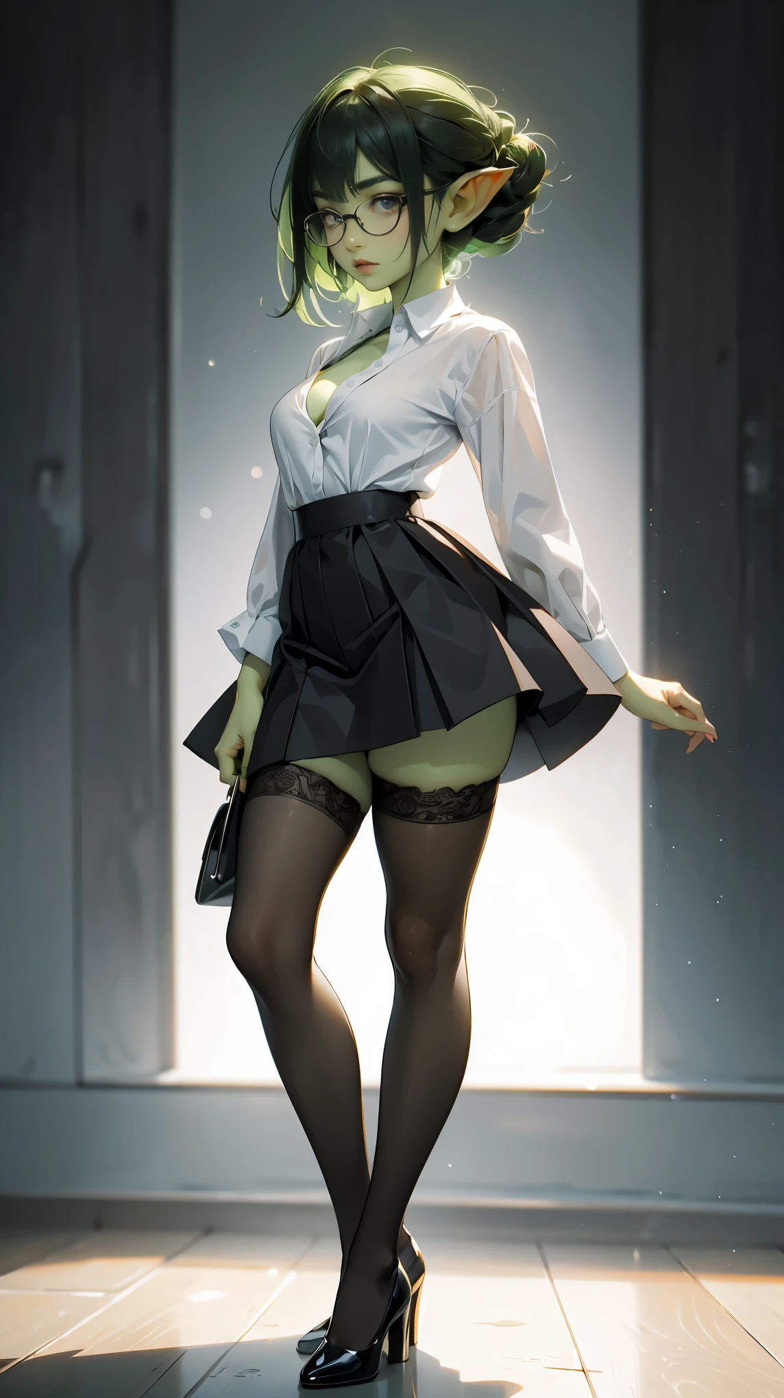 ((best quality)), ((masterpiece)), (detailed), perfect face, very  girl wearing white button down shirt and black skirt, ((green skin)), pointy ears, wearing black thigh high stockings, and black pumps, very shy, tiny breasts, wearing black rimmed glasses, short dark green hair, cleavage, standing in front of a white background, full body, purple eyes, focus on eyes, posing for picture