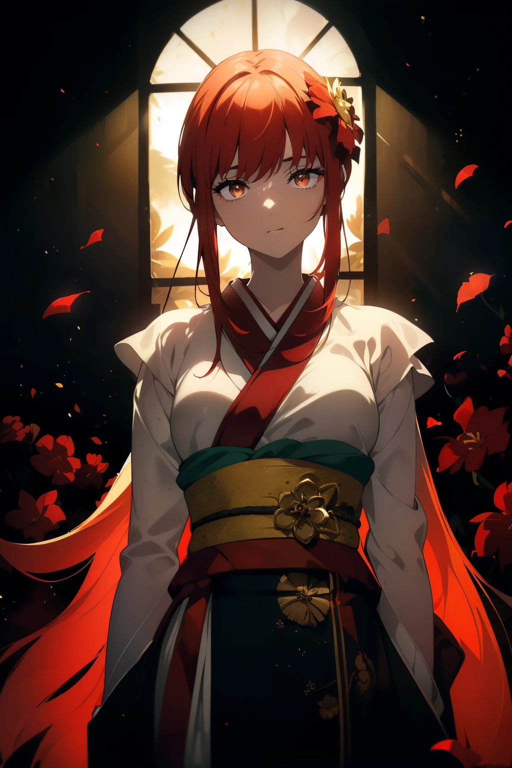 ((((Obra maestra, La mejor calidad, ultrahigh resolution)))), 1girl, standing, ((wearing a red_kimono)), long hair cut, pale skin, ((brown eyes)), (glowing_eyes, luminescent eyes), (ultra detailed eyes:0.7, beautiful and detailed face, detailed eyes:0.9), ((centered)), smile, ((wide shot)), facing viewer, (((vibrant background of outside, flowers, bright lighting, summer, sunlight))), flat chested, looking at viewer, ((perfect hands)), ((head:1, hips, elbows, arms, in view)), ((hands behind back)), beautiful lighting, defined subject, (13 years old), ((cool looking)), ((slight breeze in hair, vintage sun glare))