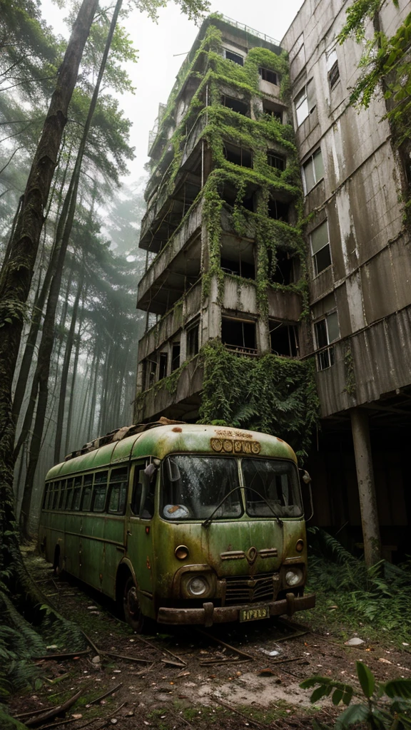 Na densa floresta, entre a folhagem verde exuberante, lies a scene of decay and abandonment. A highway bus, once a symbol of travel and adventure, agora jaz completamente esquecido. Its metal housing is covered in rust, que lentamente consome sua estrutura. Windows that once revealed stunning views are now fogged up and broken, obscurecendo qualquer vislumbre do interior. The wheels are partially sunk into the earth, testemunhas silenciosas do passar do tempo. Climbing plants found refuge in its borders, wrapping it in a green web of vegetation. The heavy, humid air of the forest contrasts with the atmosphere of abandonment and loneliness that surrounds the vehicle., creating an image of melancholy and desolation.