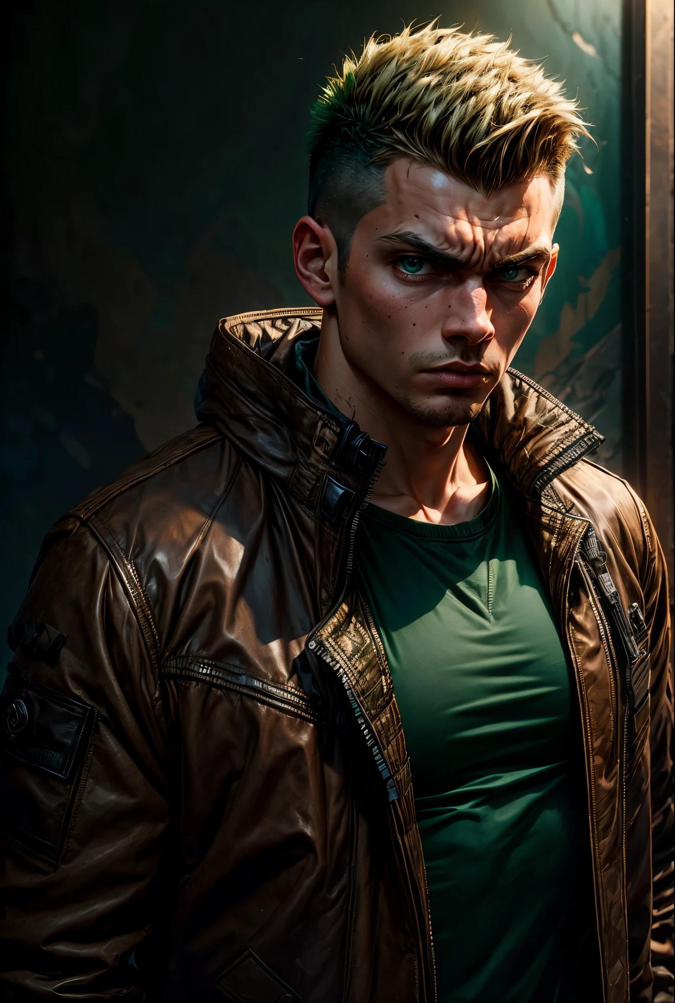 masterpiece, best quality:1.4), Solo, (((brown jacket))), green plain t-shirt , camouflage pants, angry young man, holding a gun, shaved, european, green eyes, thin short blond hair, Fauxhawk, white skin, one man, male, portrait, background removed
