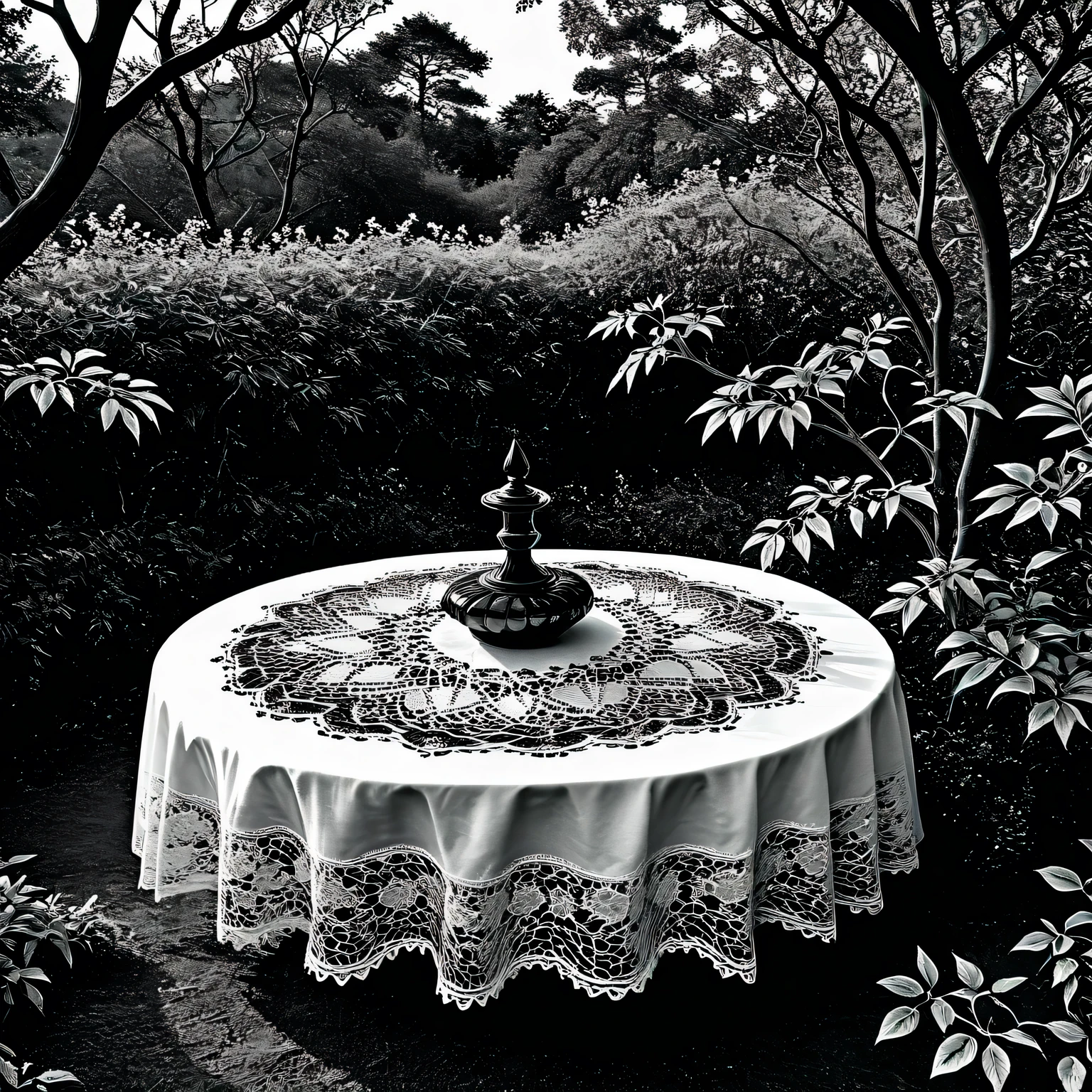 ((Black and white art)), black art, white art, The photo was taken with a Nikon Z 6II camera with a Nikon NIKKOR Z 24-120 mm lens, in a forest thicket surrounded by a fence of intricately twisted branches of bushes and trees there is a round table, the table is covered with a beautiful elegant White Lace tablecloth, White Lace is very delicate and beautiful with intricate patterns and weaves, fascinating, the work of a master of black and white art, filigree, intricate, volumetric depth, illusion in the image, 35 mm, f/3, 1/25 sec., ISO 120.
