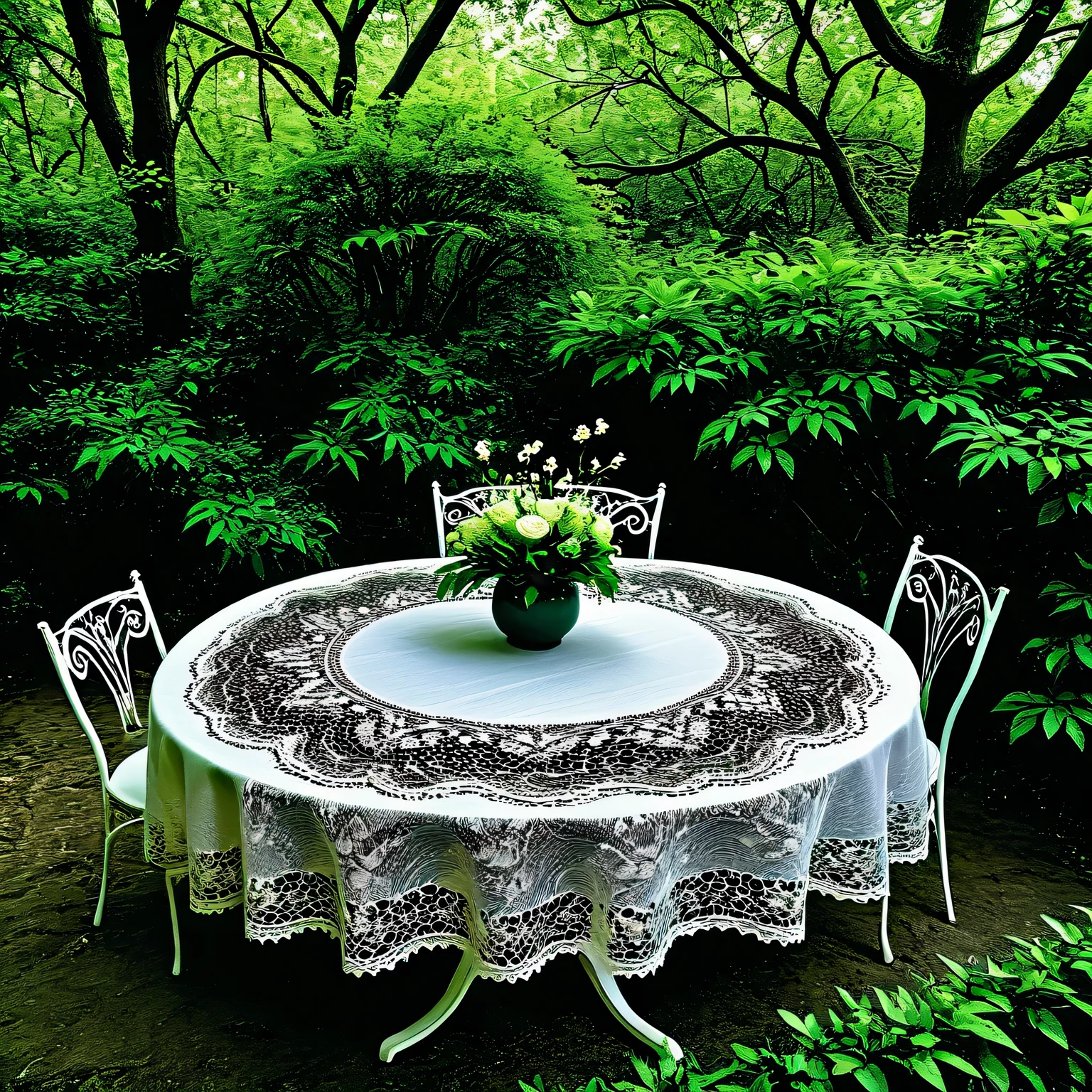 The photo was taken with a Nikon Z 6II camera with a Nikon NIKKOR Z 24-120 mm lens, in a forest thicket surrounded by a fence of intricately twisted branches of bushes and trees there is a round table, the table is covered with a beautiful elegant White Lace tablecloth, White Lace is very delicate and beautiful with intricate patterns and weaves, fascinating, the work of a master of black and white art, filigree, intricate, volumetric depth, illusion in the image, 35 mm, f/3, 1/25 sec., ISO 120.