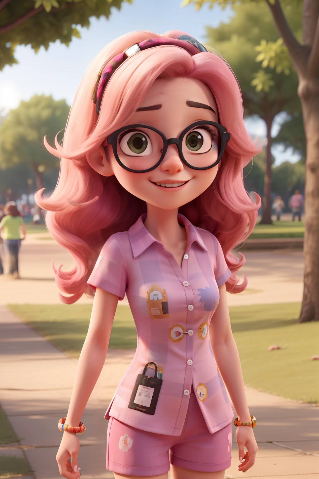 senhora idosa de cabelos brancos e oculos, wearing a pink shirt with a puzzle print in a park