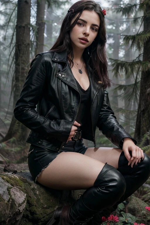 Adelaide Kane, Cora Hale,  Wolf, 18 years old, long messy light black hair, green eyes, open black leather jacket, pink blouse with red flower print, dark black jeans, black boots, wolf pendant, wolf print White Wolf. Forest background with fog aura around black color.