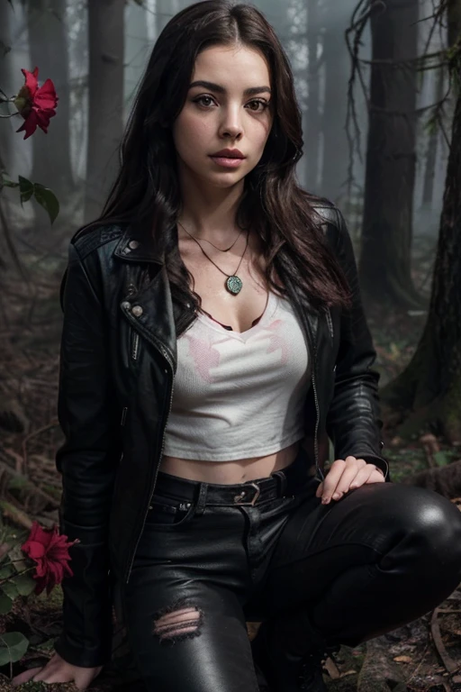 Adelaide Kane, Cora Hale,  Wolf, 18 years old, long messy light black hair, green eyes, open black leather jacket, pink blouse with red flower print, dark black jeans, black boots, wolf pendant, wolf print White Wolf. Forest background with fog aura around black color.