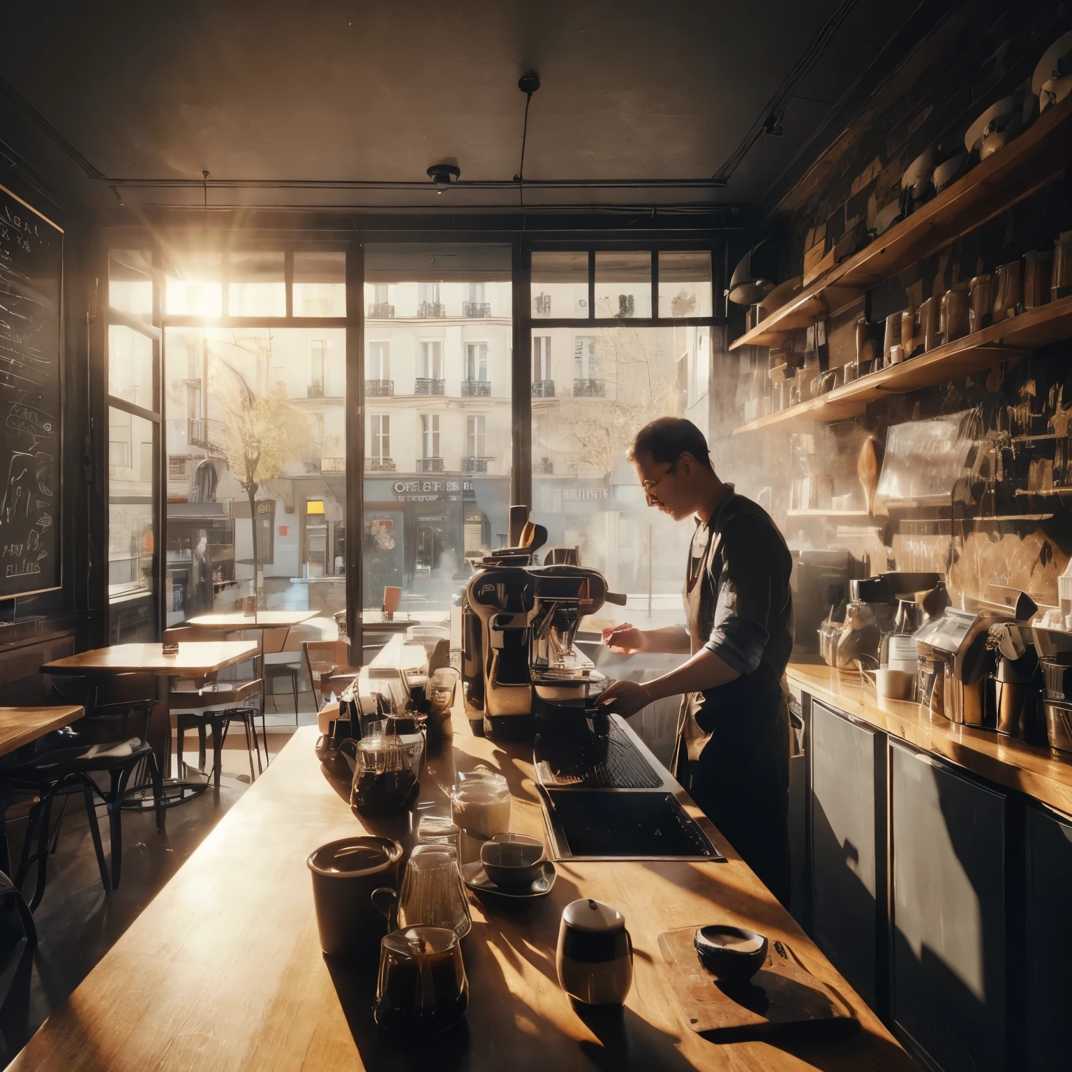 Mood photo for advertising, wide angle shot, shoot from far away, a barista brewing coffee at the coffee bar, cafe in paris, morning sunshine from window, photorealistic, wideshot