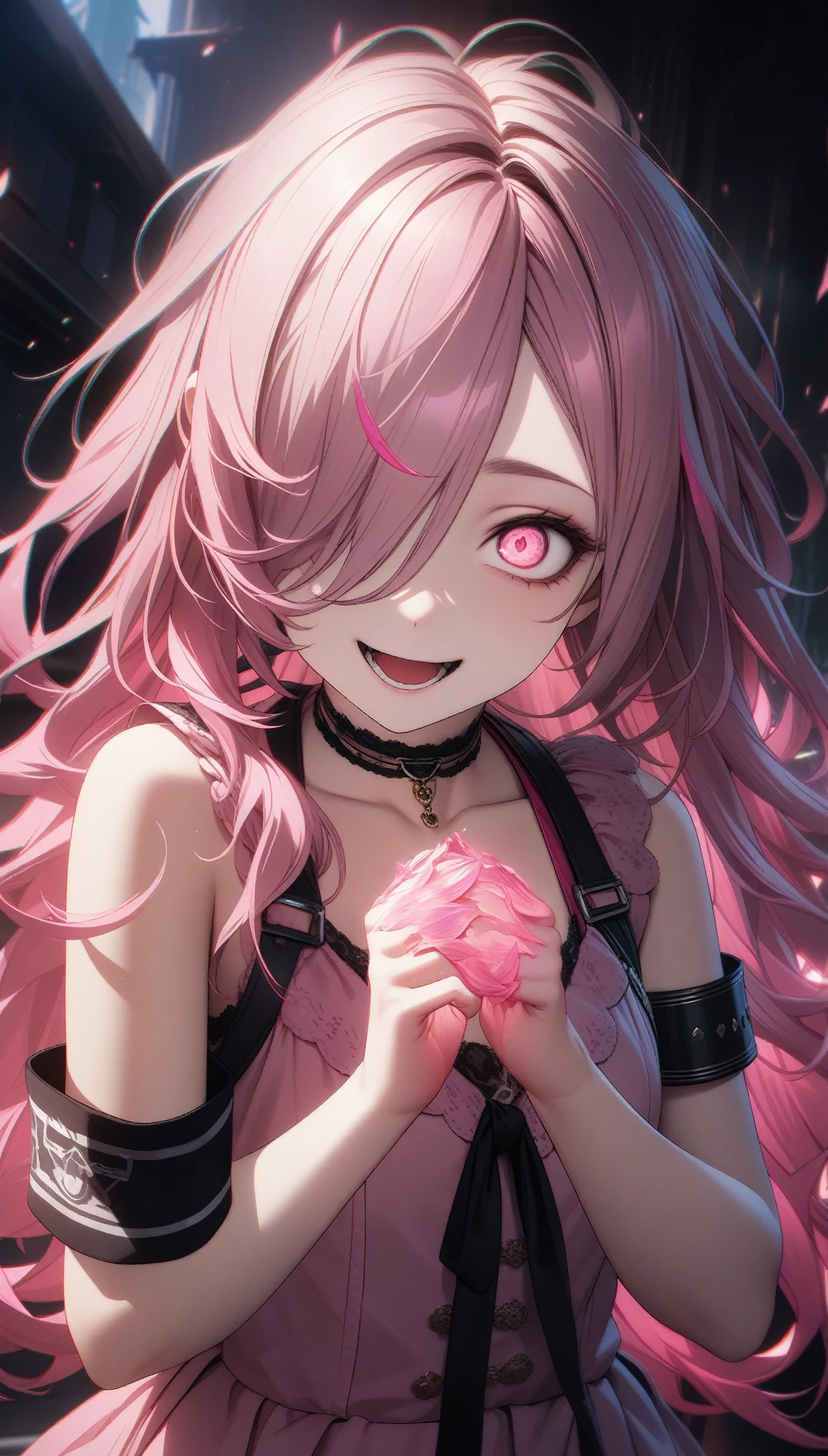 32k, best quality, ultra high res, HDR, UHD, extremely detailed CG, unity 32k wallpaper, highest quality, Intricate details, chromatic aberration, One girl, Long Hair, Pink Hair, Messy Hair, Pink highlights, Hair on one eye, Pink eyes, Sharp eyes, choker, Armband,   Laugh eerily, Pink flames on hands, Pink clothes, 