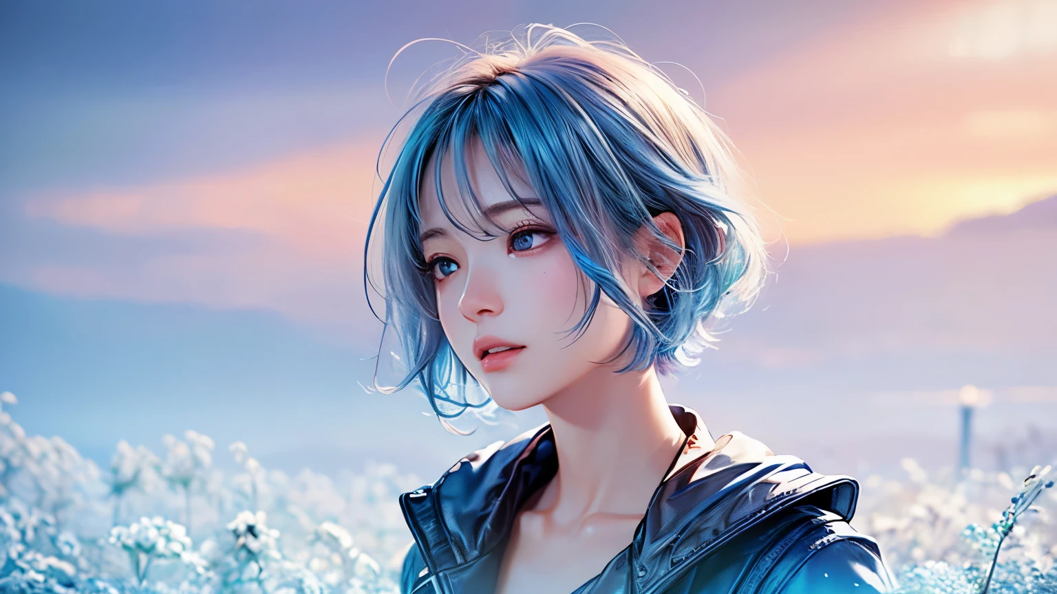 high quality,1 girl，short hair, Super detailed CG illustration of a young woman with a calm expression, Stare into the distance，His striking light blue hair blew gently in the desert breeze. The landscape behind him is vast and stunning, Taking viewers into a world of wonder and discovery.More ideas