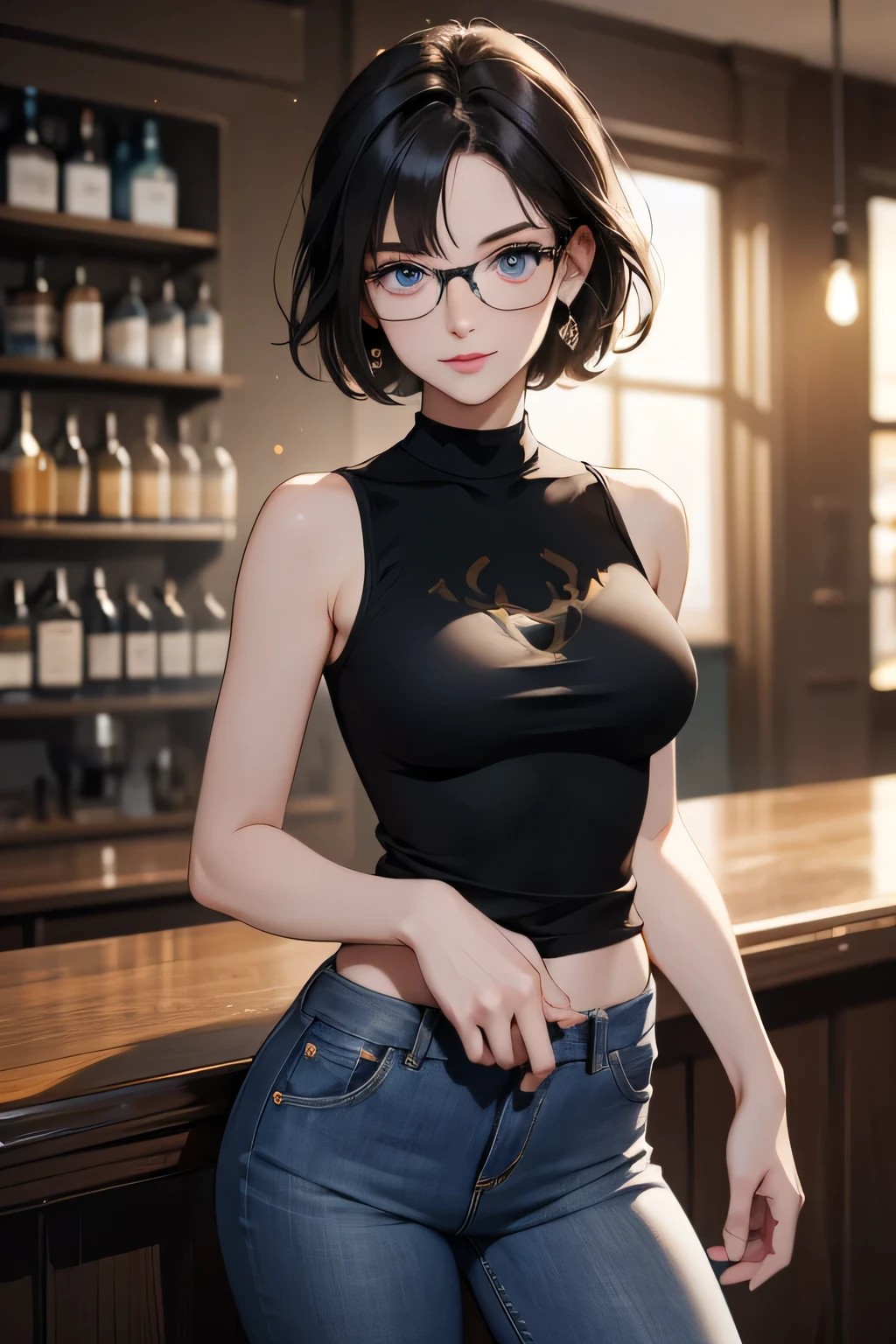 masterpiece, best quality, detailed,Super high quality0,perfect anatomy,beautiful light and shadow, ,Beautiful white skin ,black short hair,blue eyes,disheveled hair,slim,adult,woman in her late 20s ,1woman,Videl,
,Various poses, solo, at a jazz bar, very detailed eyes, smiling,
anime style high quality 8k digital painting, glasses, wearing jeans and a tanktop, masterpiece quality,