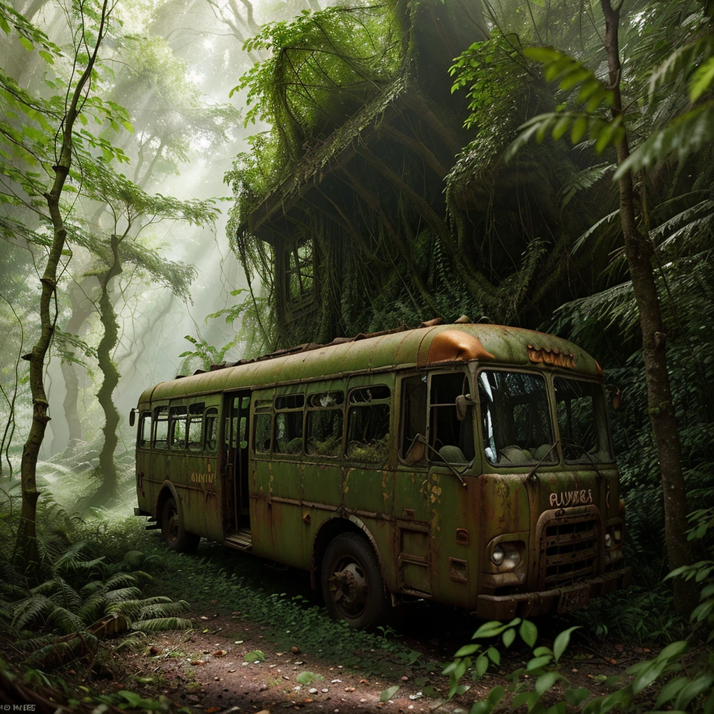 an old abandoned rusted metal bus covered in vines and vegetation in a dense lush green forest, leaves and moss growing on it, broken windows, sunlight shining through the trees, atmosphere of decay and desolation, highly detailed, photorealistic, dramatic lighting, cinematic, 8k, masterpiece