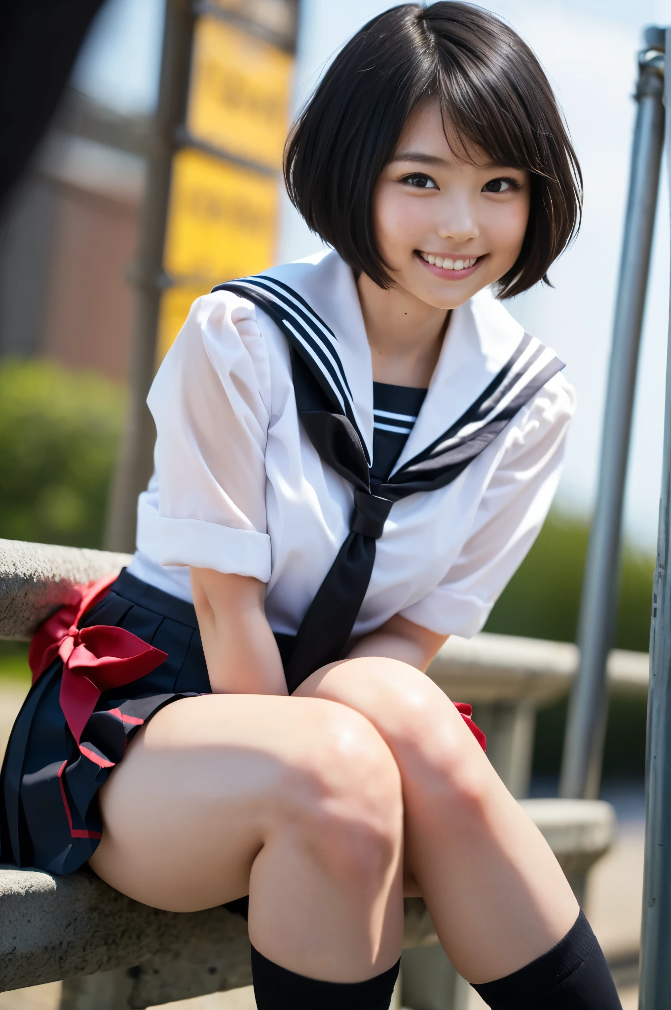 （8k、Raw photography、highest quality、masterpiece：1.2),(Black-haired、Very short hair:1.8),(:1.3)、View your viewers,Viewed from the front,White skin,(High school girls、Sailor suit:1.6)、(Tight waist:1.6)、(Clothes that accentuate the shape of the breasts:1.0)、(Big Breasts :1.3)、Slim figure、Ultra-high resolution,beautiful,beautiful fece,(one person、No background:1.9),whole bodyボディー,Japanese women,（reality的：1.37）、Photon Mapping,reality、(Baby-faced and cute: 1.4)、(Cute Smile: 1.8)、(Round face: 1.8)、Radio City、Physically Based Rendering、Depth of field rally background、photograph, (I can see your knees、Thigh close-up:1.8),（:1.4）,whole body、Great quality