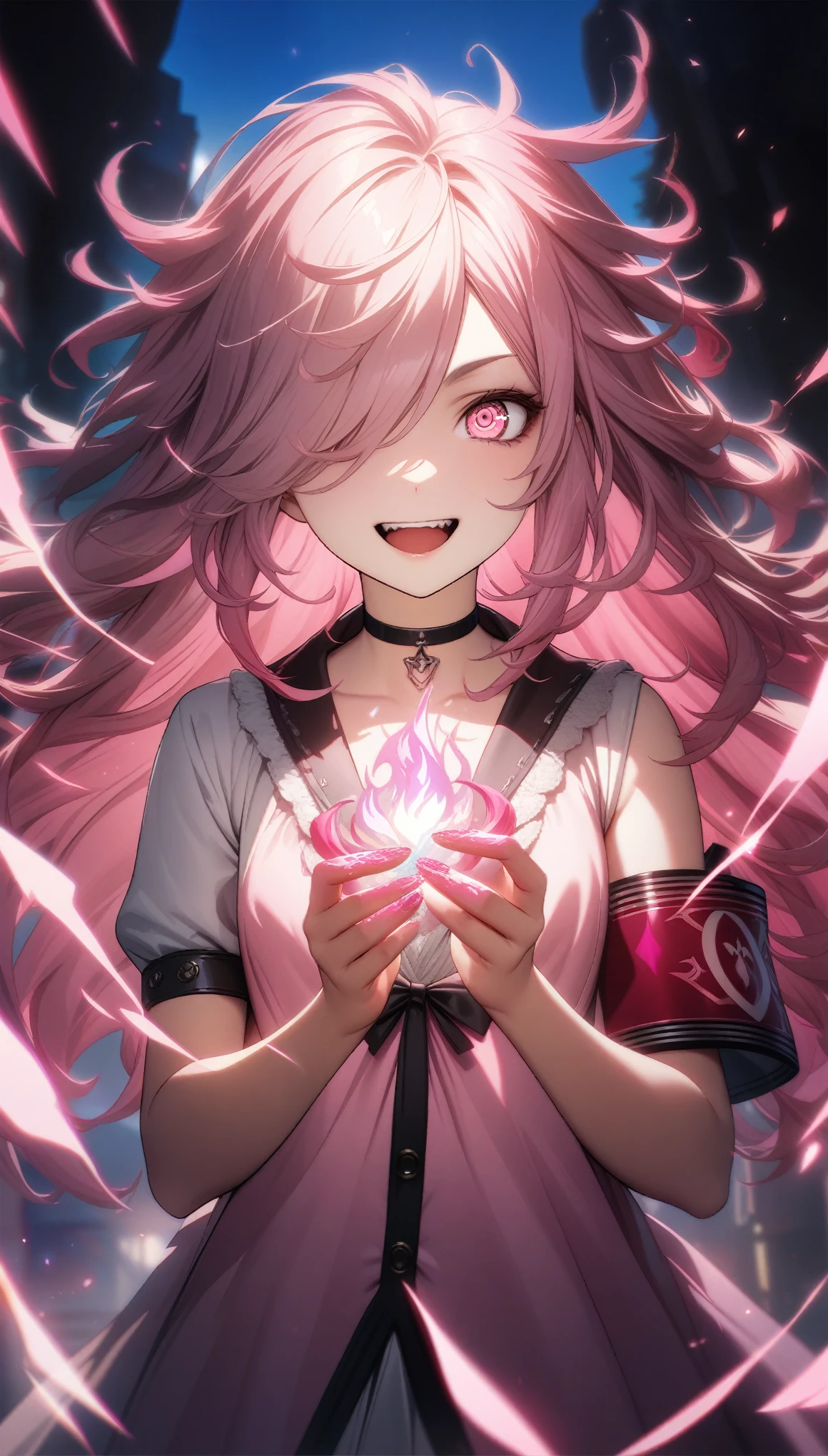 32k, best quality, ultra high res, HDR, UHD, extremely detailed CG, unity 32k wallpaper, highest quality, Intricate details, chromatic aberration, One girl, Long Hair, Pink Hair, Messy Hair, Pink highlights, Hair on one eye, Pink eyes, Sharp eyes, choker, Armband,   Laugh eerily, Pink flames on hands, Pink clothes, 