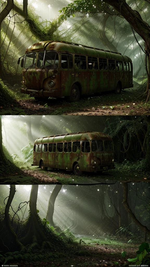 an old abandoned rusted metal bus covered in vines and vegetation in a dense lush green forest, leaves and moss growing on it, broken windows, sunlight shining through the trees, atmosphere of decay and desolation, highly detailed, photorealistic, dramatic lighting, cinematic, 8k, masterpiece