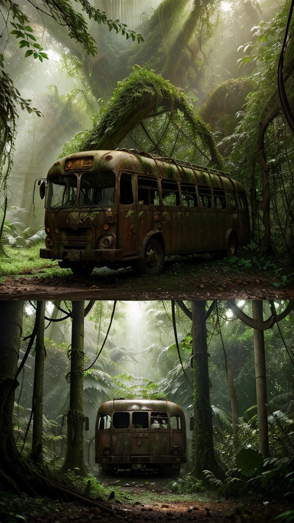 an old abandoned rusted metal bus covered in vines and vegetation in a dense lush green forest, leaves and moss growing on it, broken windows, sunlight shining through the trees, atmosphere of decay and desolation, highly detailed, photorealistic, dramatic lighting, cinematic, 8k, masterpiece