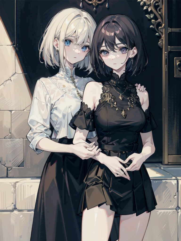 absurdres, RAW photo, extremely delicate and beautiful, masterpiece, Best Quality, ultra high resolution, 32k, hyperrealistic, ultra-detailed, detailed description, pale skin, 20 years old, detailed beautiful face and eyes, tearful mole, earring, short medium hair, wavy hair, whole body shot, big tits, tight skirt, cropped T-shirt, ((yuri, 2 girls)),