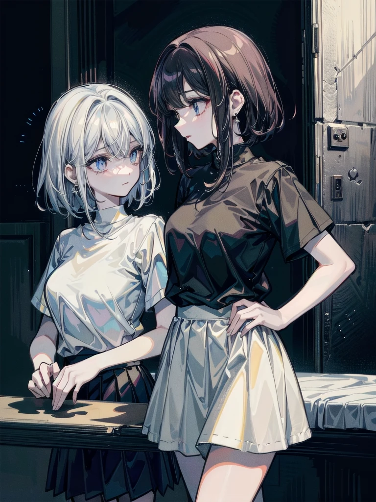 absurdres, RAW photo, extremely delicate and beautiful, masterpiece, Best Quality, ultra high resolution, 32k, hyperrealistic, ultra-detailed, detailed description, pale skin, 20 years old, detailed beautiful face and eyes, tearful mole, earring, short medium hair, wavy hair, whole body shot, big tits, tight skirt, cropped T-shirt, ((yuri, 2 girls)),