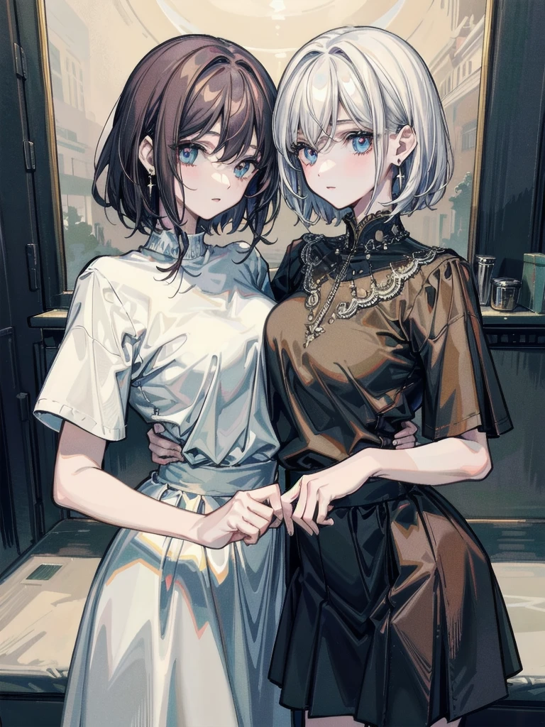 absurdres, RAW photo, extremely delicate and beautiful, masterpiece, Best Quality, ultra high resolution, 32k, hyperrealistic, ultra-detailed, detailed description, pale skin, 20 years old, detailed beautiful face and eyes, tearful mole, earring, short medium hair, wavy hair, whole body shot, big tits, tight skirt, cropped T-shirt, ((yuri, 2 girls)),