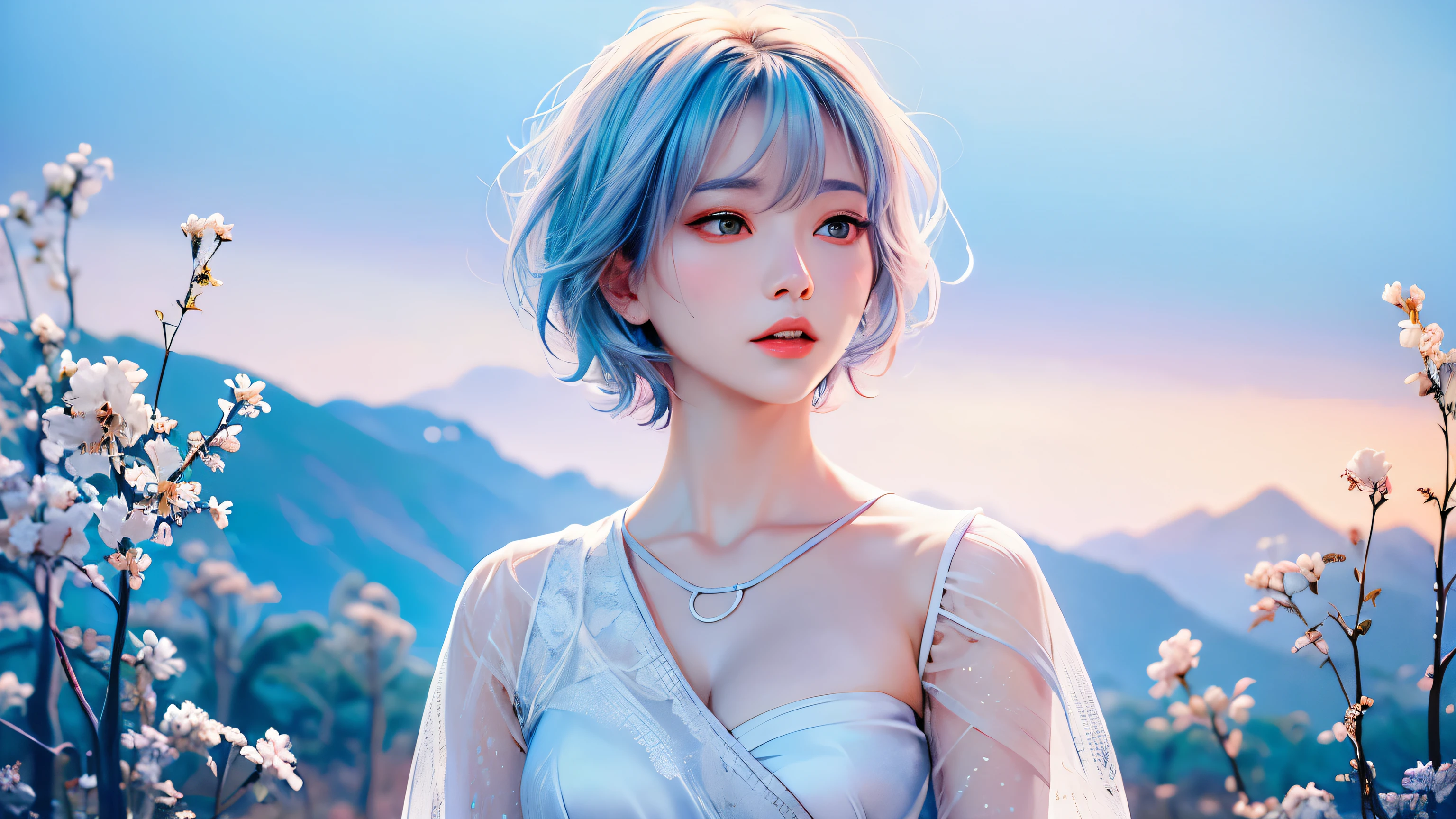 high quality,1 girl，short hair, Super detailed CG illustration of a young woman with a calm expression, Stare into the distance，His striking light blue hair blew gently in the desert breeze. The landscape behind him is vast and stunning, Taking viewers into a world of wonder and discovery.More ideas