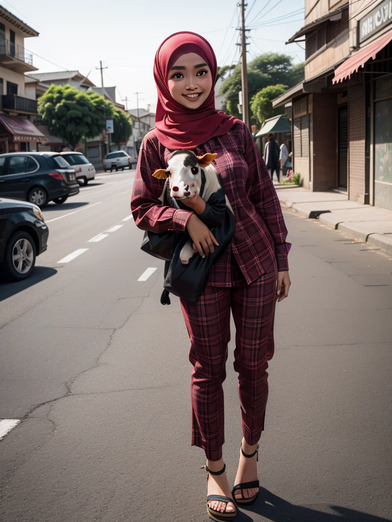 
a young Indonesian Muslim woman wearing a hijab wearing a red checkered shirt and trousers and slanted sandals is holding a cow's head on the street in front of the mosque while smiling detailed photo 8k short angle ultra HD wide 16k super realistic

