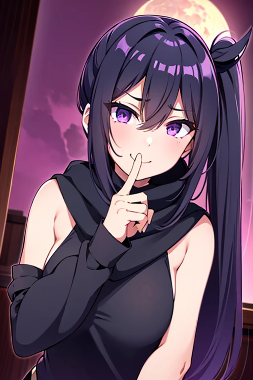 (masterpiece), best quality, (expressive eyes), perfect face, a ninja girl, dynamic black long hair, (hair over one eye), bangs, pony tail, wide open eyes, purple eyes, smug smile, teeth, black mouth mask,purple scarf, dark purple sleeveless suit, black tight sleeves, shot from below, ((looking down at viewer)), ((close up shot)), purple sky night indoor scenery, yellow moon, shushing,