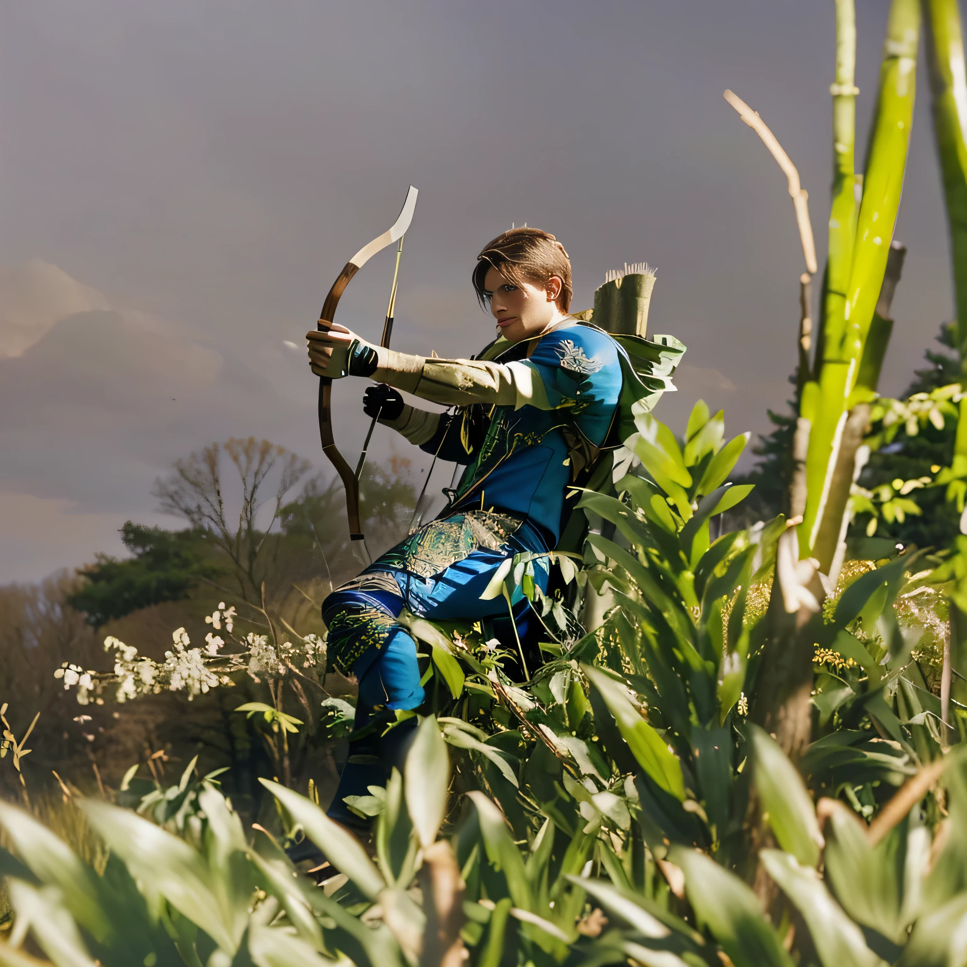 An archer in the woods, grass, branches and a sky in the background.