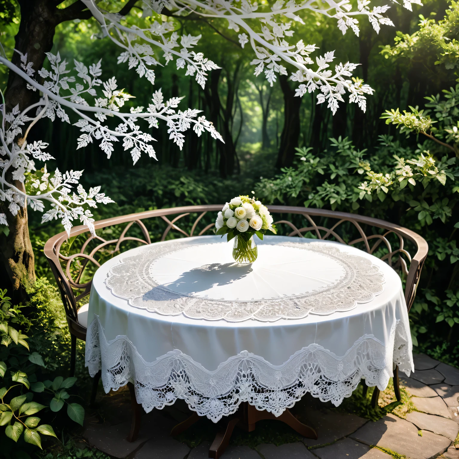 The photo was taken with a Nikon Z 6II camera with a Nikon NIKKOR Z 24-120 mm lens, in a forest thicket surrounded by a fence of intricately twisted branches of bushes and trees there is a round table, the table is covered with a beautiful elegant White Lace tablecloth, White Lace is very delicate and beautiful with intricate patterns and weaves, fascinating, the work of a master of black and white art, filigree, intricate, volumetric depth, illusion in the image, 35 mm, f/3, 1/25 sec., ISO 120.