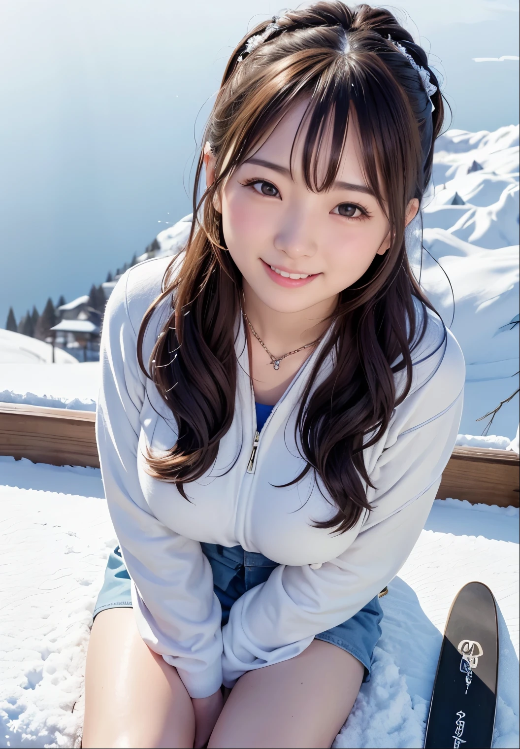 (highest quality,masterpiece:1.3,Ultra-high resolution),(Very detailed、Caustics) (Realistic:1.4, RAW shooting、)Ultra-Realistic Capture、Very detailed、Natural skin texture、masterpiece、(Japanese woman sitting on a snowy hill with her board and poles:1.3), Adorable expression、Expressions of happiness、************、Height: 160cm、Young Face、Amazingly cute、Twin tails、Straight hair、Scrunchie、Black Hair、light makeup、necklace、H cup big breasts、Shining thighs、Skin arm、Background in detail、smile、An inviting gaze、Anatomically correct、Cowboy Shot、Attention to detail、素晴らしいSki, 素晴らしいSkied, On top of the mountainで, In the mountains, Gemma Chen, On top of the mountain, Tight clothing, sitting cutely On top of the mountain, On top of that, In the snow, Ski, Snow piles up on my body