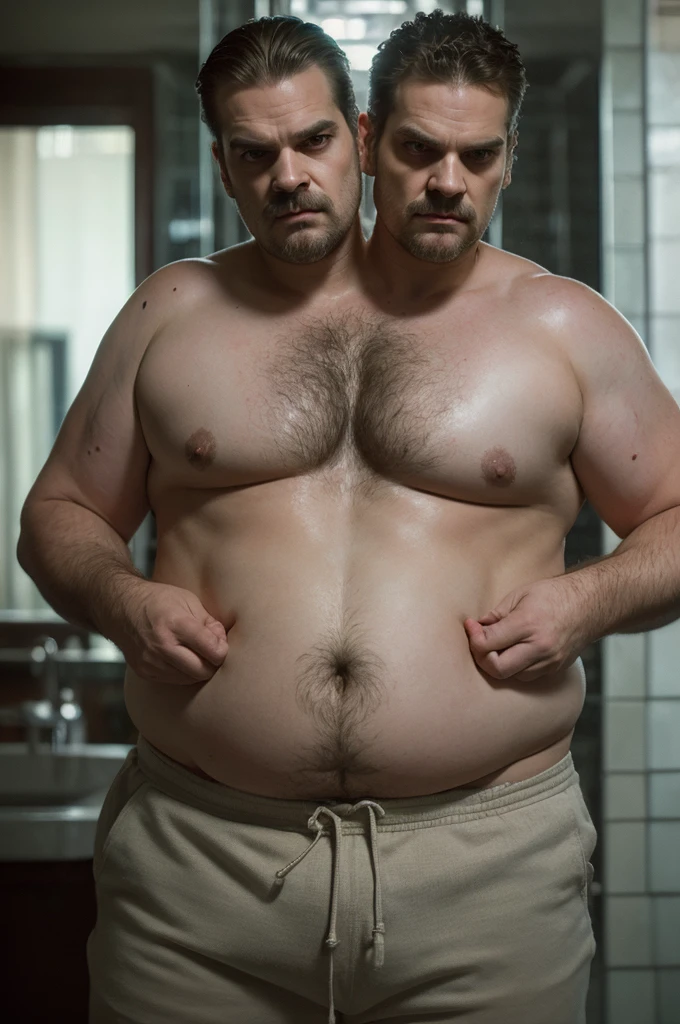 (((two identical heads on one body))), 1man, ((david harbour)), middle aged male, ((fat)), ((overweight)), ((obese)), ((shirtless)), navel, athletic shorts, body hair, big bulge, dreamy atmosphere, dark cyan and red, i can't believe how beautiful this is, serene atmosphere, epic realistic, soft cinematic light, hdr, intricate, highly detailed, (depth of field:1.4), faded, (neutral colors:1.2), (hdr:1.4), (muted colors:1.2), hyperdetailed, (artstation:1.4), cinematic, dramatic light, (intricate details:1.1), bathroom mirror scenery, (rutkowski:0.66), (intricate details:1.12), hdr, (intricate details, hyperdetailed:1.15) (skin texture:1.2), detailed expressions, tired, frowning, natural pose